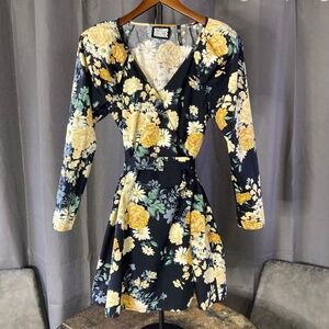 Reclaimed Vintage Cotton Dark Blue Yellow Floral Dress Cottagecore Coastal Sz 4